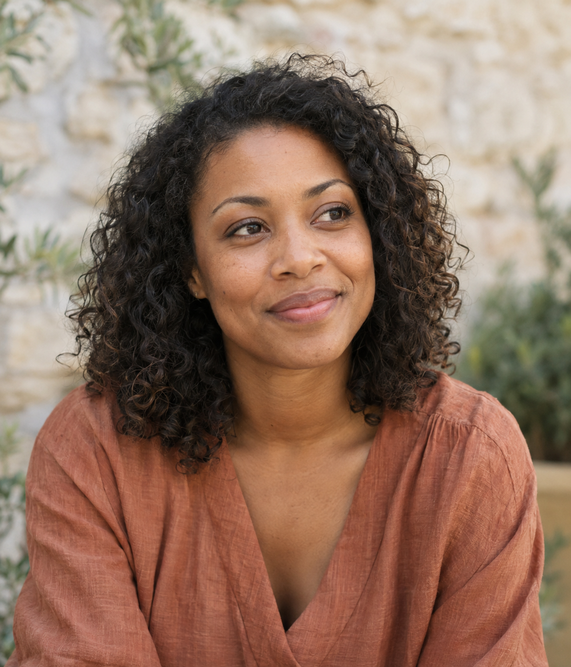 Illustrative portrait of a woman enjoying a quiet moment outdoors