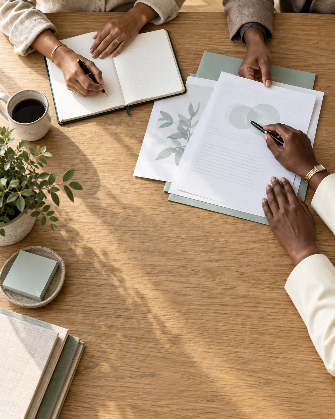 Illustrative overhead scene of professionals reviewing documents